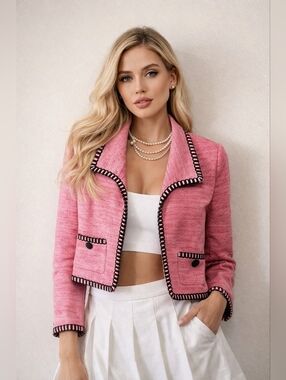 Vintage Mirror Room Preppy Blazer Size L Pink Tweed Cropped Length EUC